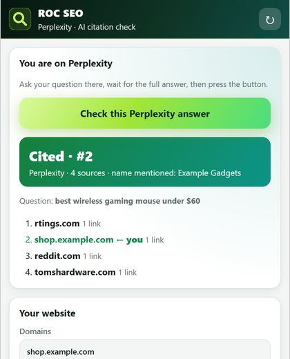 ROC SEO panel on Perplexity showing the answer cited the user's website at position 2, with the list of sources