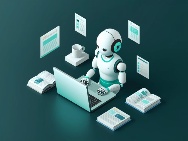 A friendly robot writing on a laptop among open books and article cards