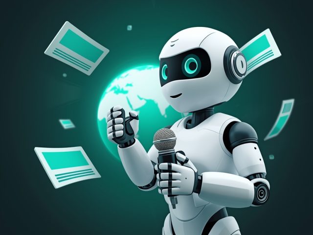 A robot news reporter with a microphone in front of news cards and a globe