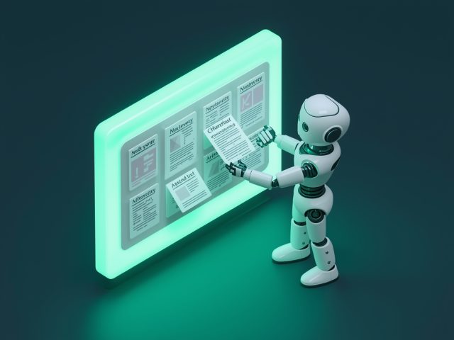 A robot arranging article and news cards on a glowing board