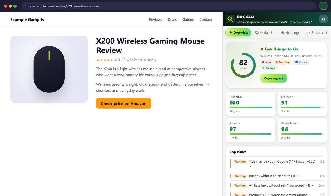 ROC SEO side panel auditing a product page with a score of 82 and category scores